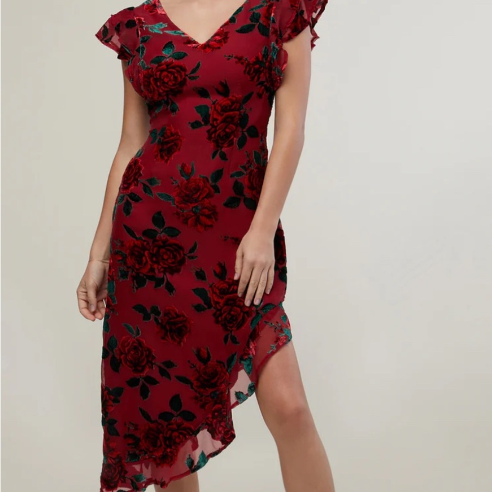 Rachel Parcell Red and Black Asymmetrical Sheath Dress V-Neck Flutter Sleeve